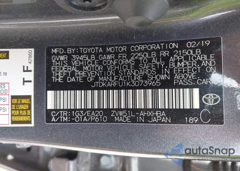 2019 Toyota Prius Xle z USA, uszkodzony, nr VIN JTDKARFU1K3073965
